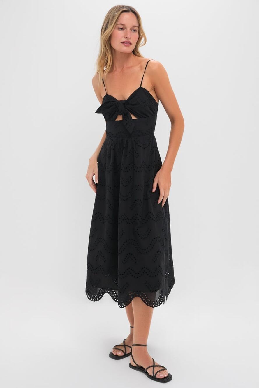 Tuckernuck Black Eyelet Tie Front Sanibel Cotton Midi Dress - XS